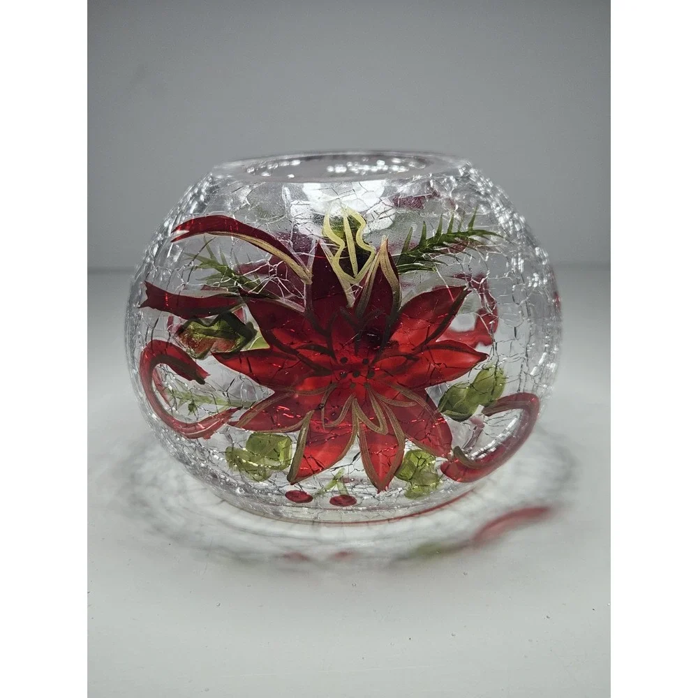 Crystal Clear Christmas Poinsettia Hand Painted Crackle Glass Votive Holder Vtg